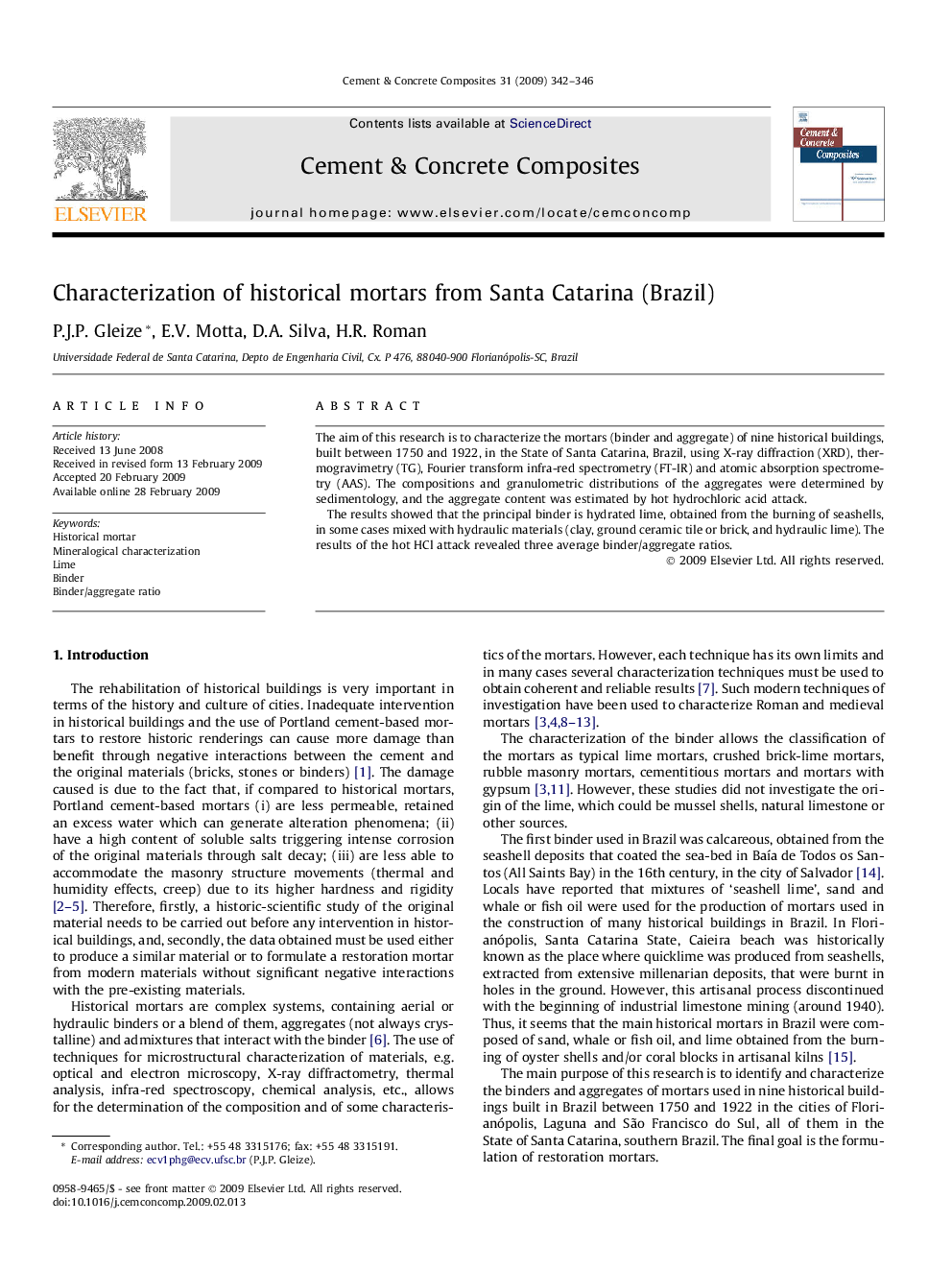 Characterization of historical mortars from Santa Catarina (Brazil)