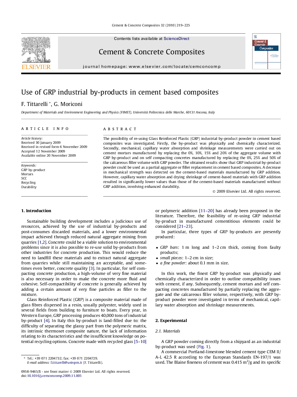 Use of GRP industrial by-products in cement based composites