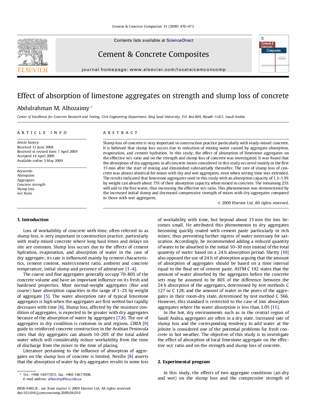 Effect of absorption of limestone aggregates on strength and slump loss of concrete