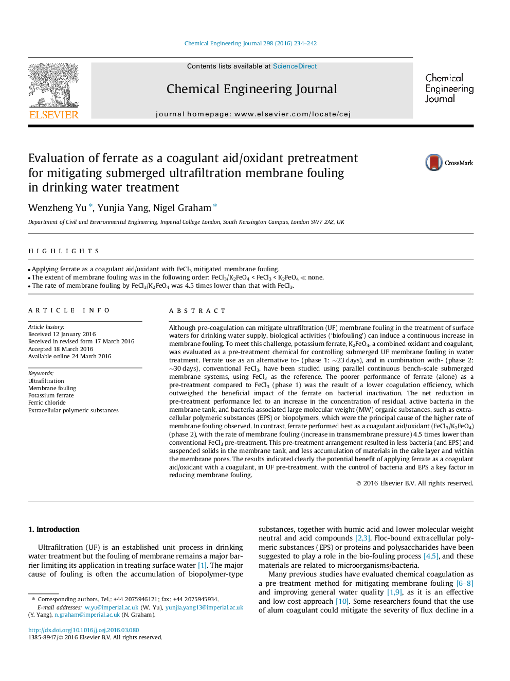 Evaluation of ferrate as a coagulant aid/oxidant pretreatment for mitigating submerged ultrafiltration membrane fouling in drinking water treatment