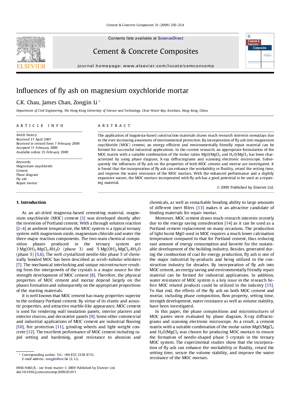 Influences of fly ash on magnesium oxychloride mortar