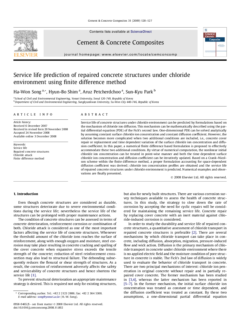 Service life prediction of repaired concrete structures under chloride environment using finite difference method