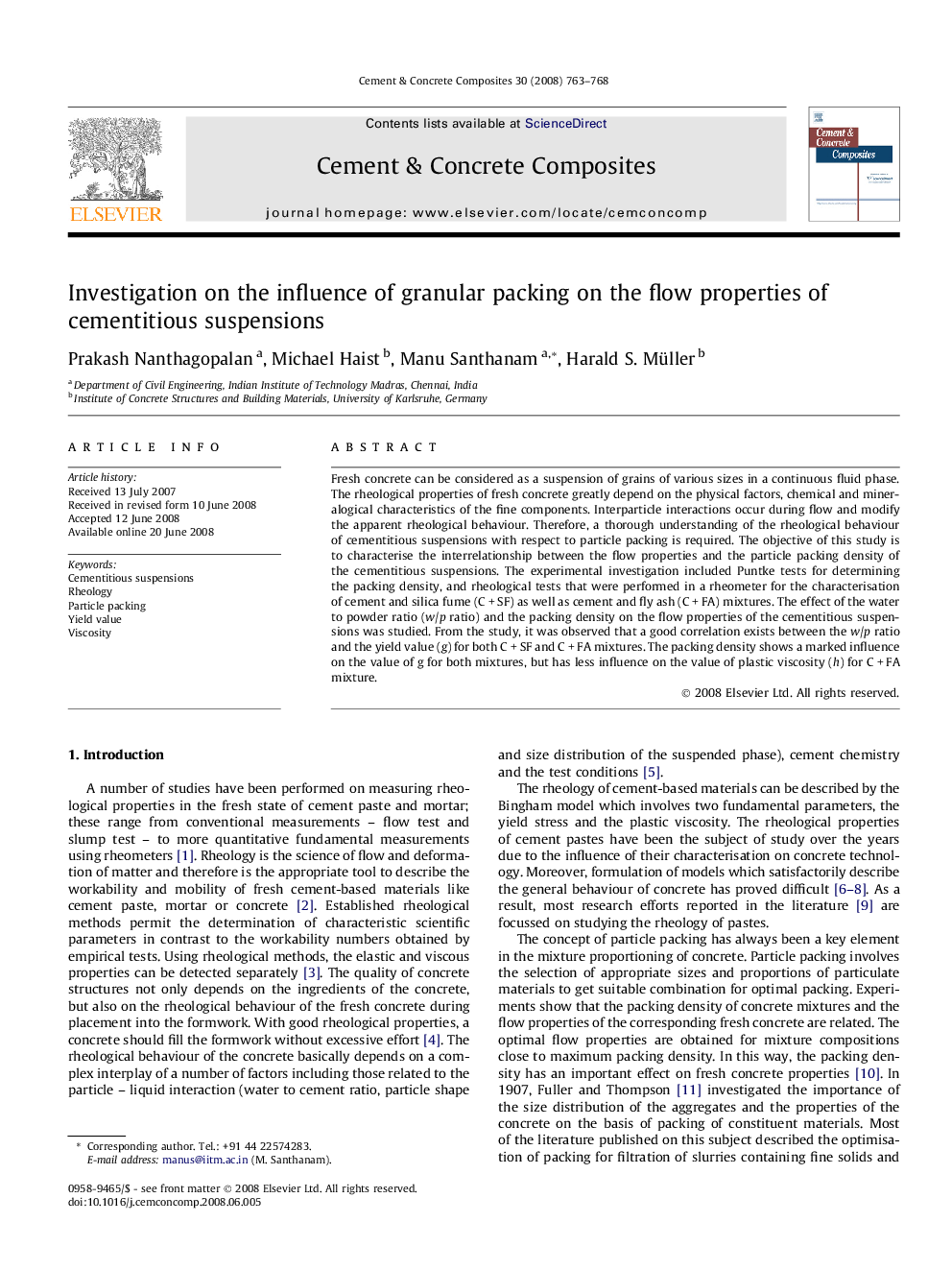 عکس صفحه اول مقاله: Investigation on the influence of granular packing on the flow properties of cementitious suspensions Investigation on the influence of granular packing on the flow properties of cementitious suspensions