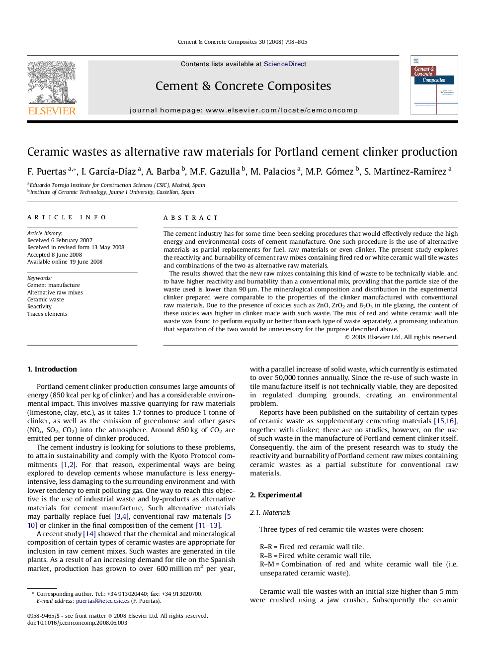 Ceramic wastes as alternative raw materials for Portland cement clinker production