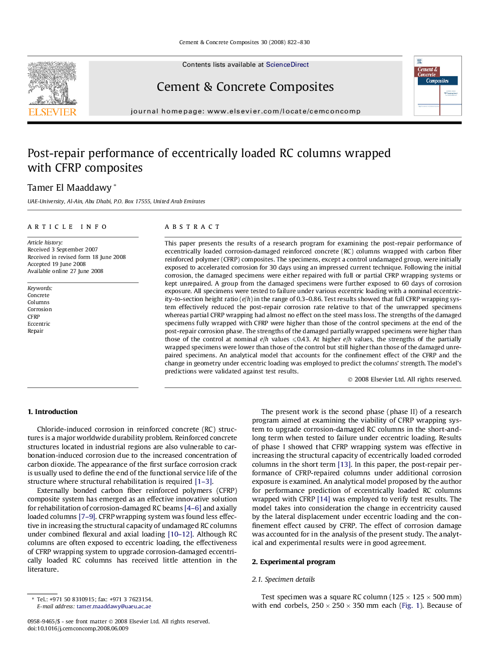عکس صفحه اول مقاله: Post-repair performance of eccentrically loaded RC columns wrapped with CFRP composites Post-repair performance of eccentrically loaded RC columns wrapped with CFRP composites