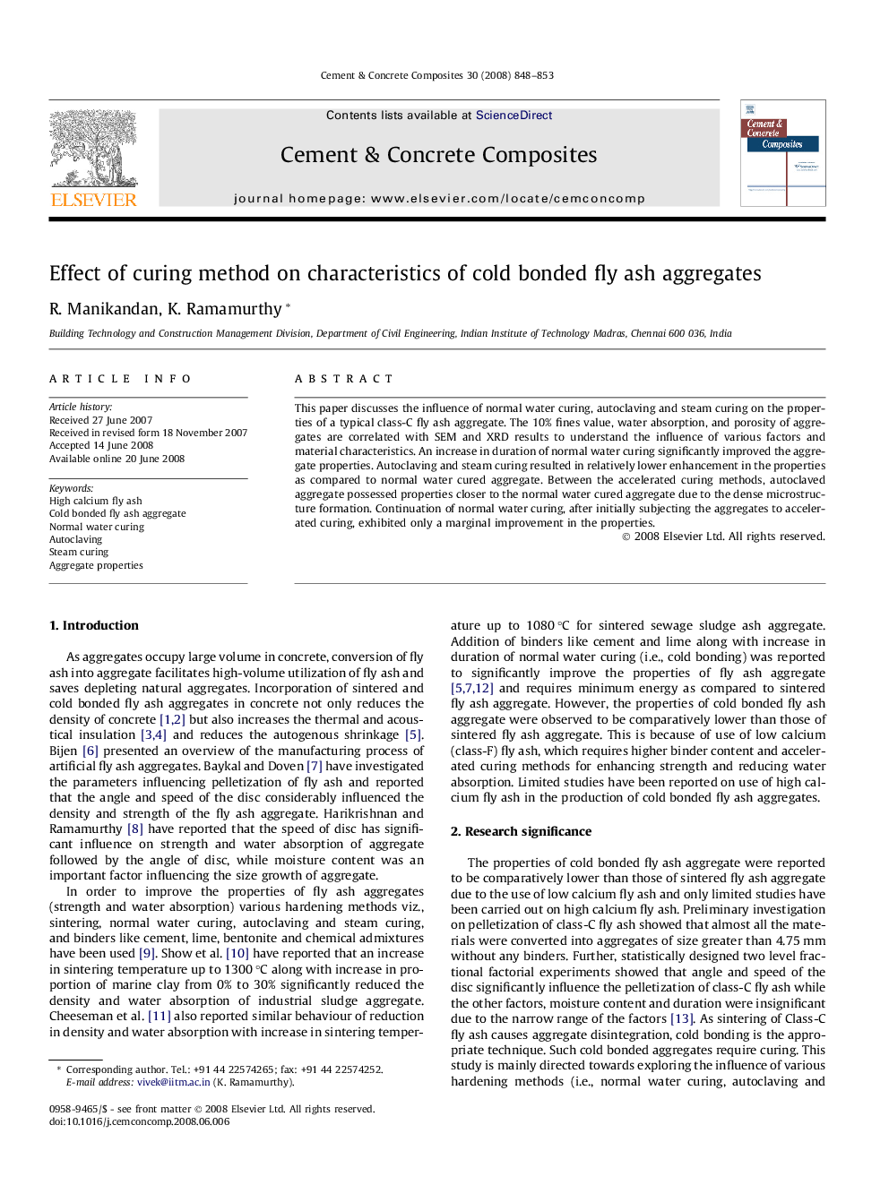 Effect of curing method on characteristics of cold bonded fly ash aggregates