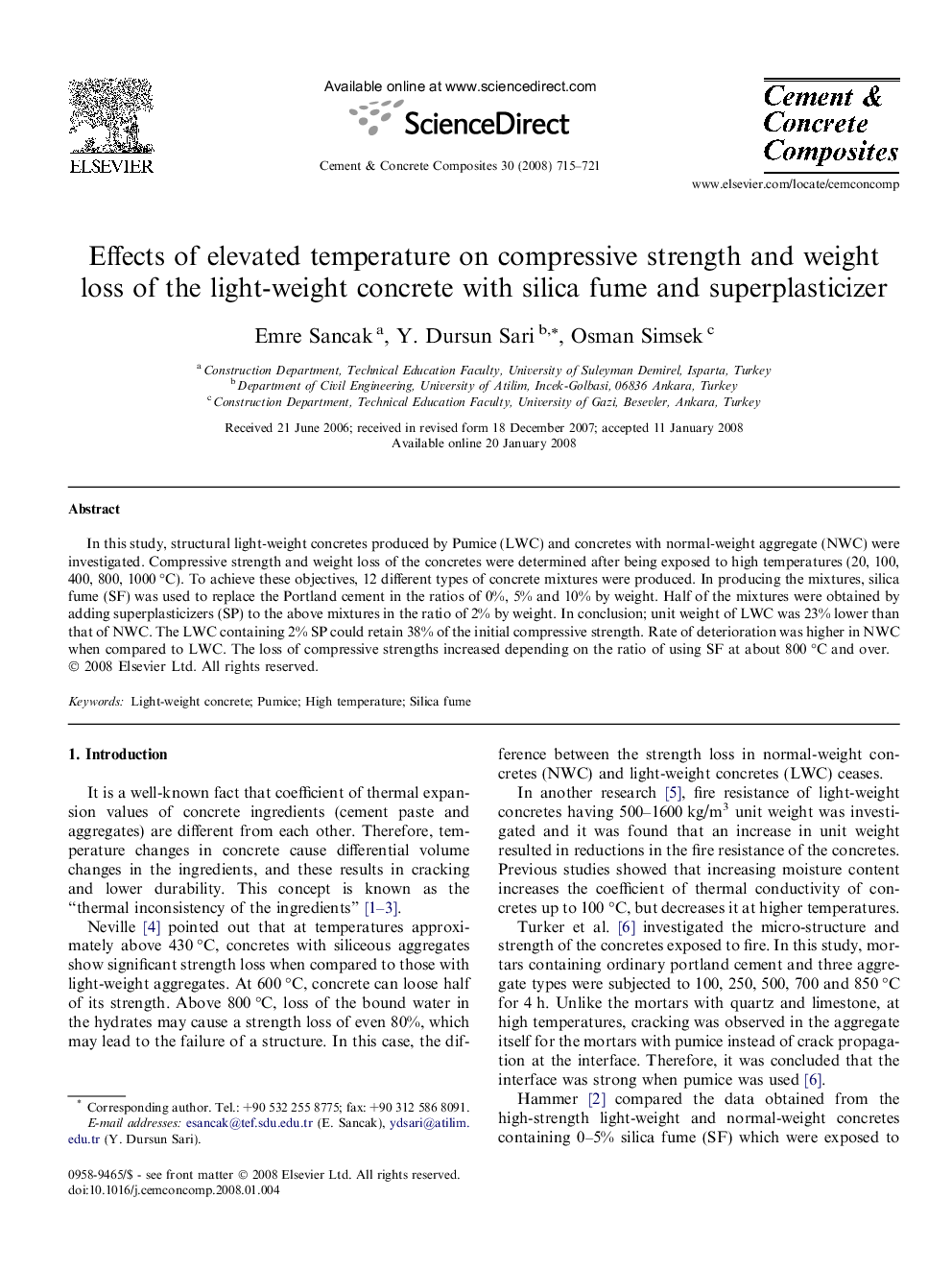 Effects of elevated temperature on compressive strength and weight loss of the light-weight concrete with silica fume and superplasticizer