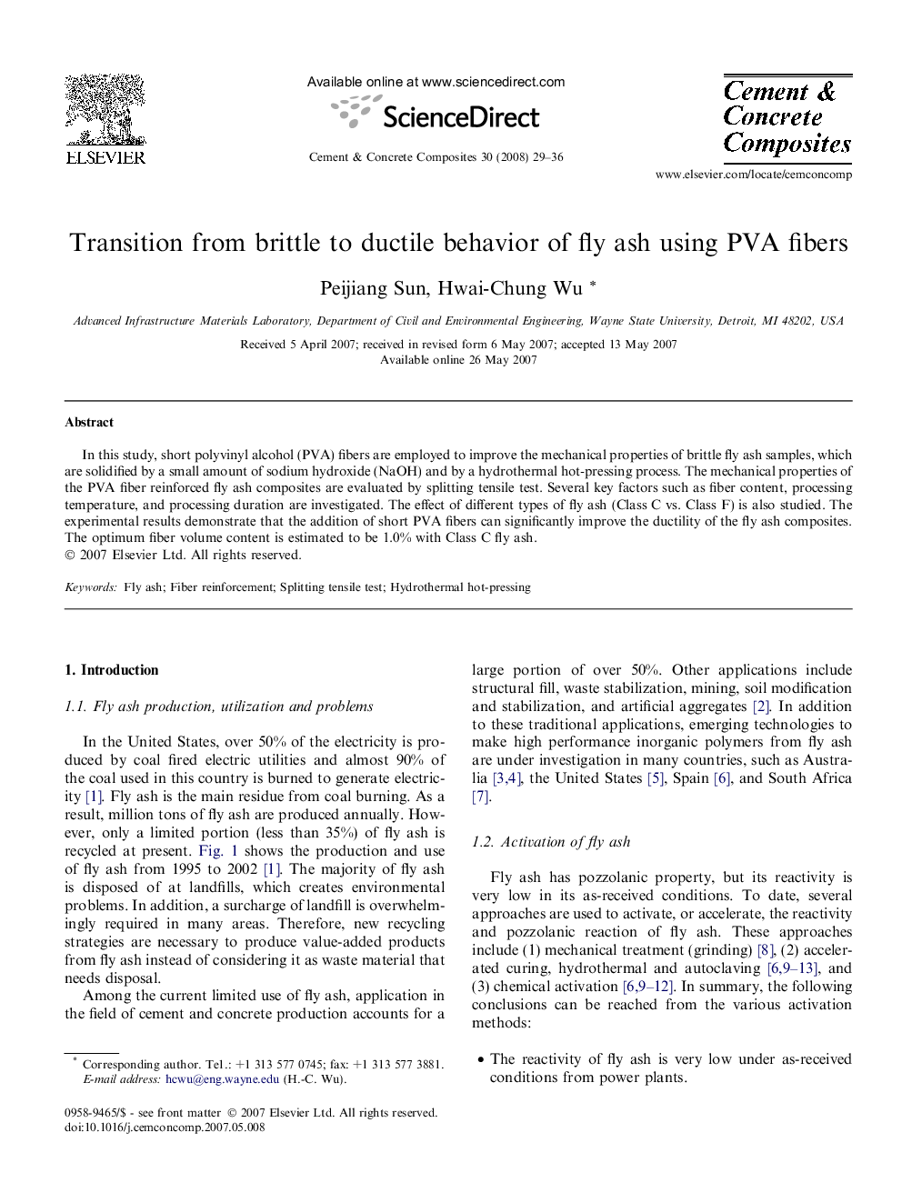 Transition from brittle to ductile behavior of fly ash using PVA fibers