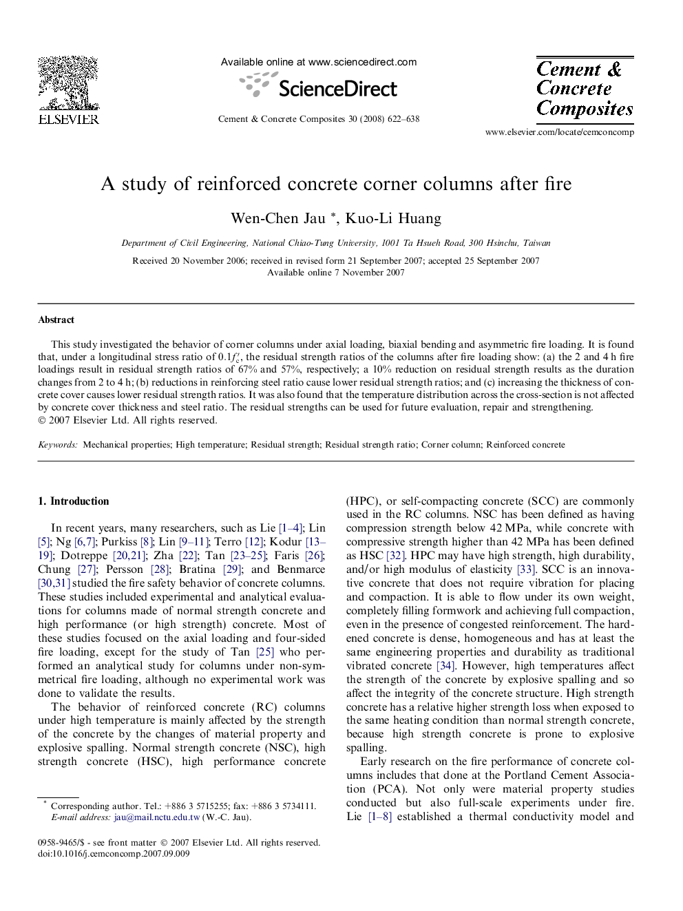 A study of reinforced concrete corner columns after fire