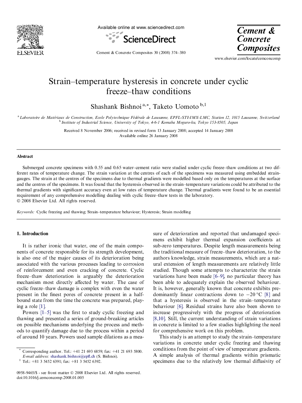 عکس صفحه اول مقاله: Strain–temperature hysteresis in concrete under cyclic freeze–thaw conditions Strain–temperature hysteresis in concrete under cyclic freeze–thaw conditions