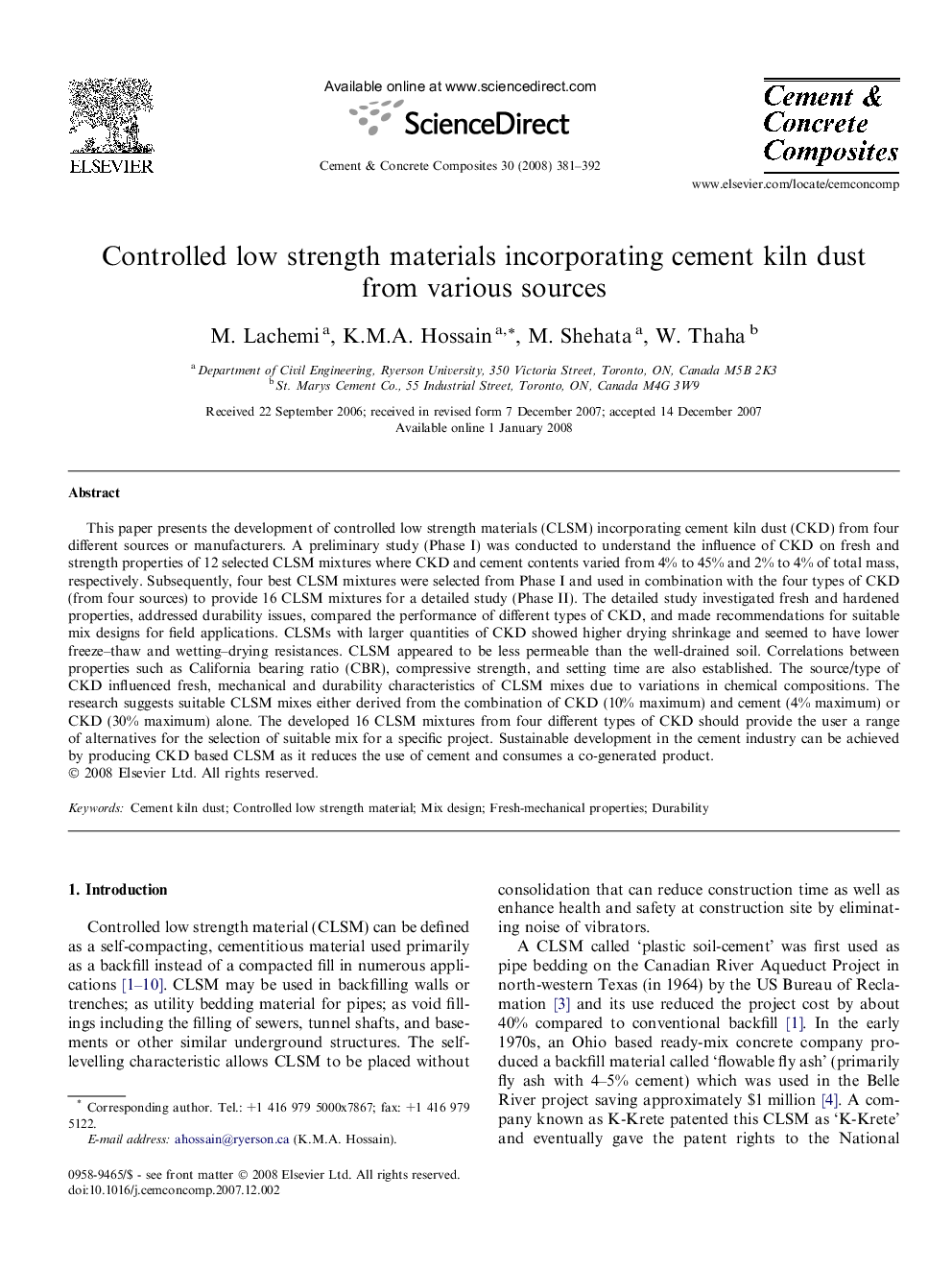 عکس صفحه اول مقاله: Controlled low strength materials incorporating cement kiln dust from various sources Controlled low strength materials incorporating cement kiln dust from various sources