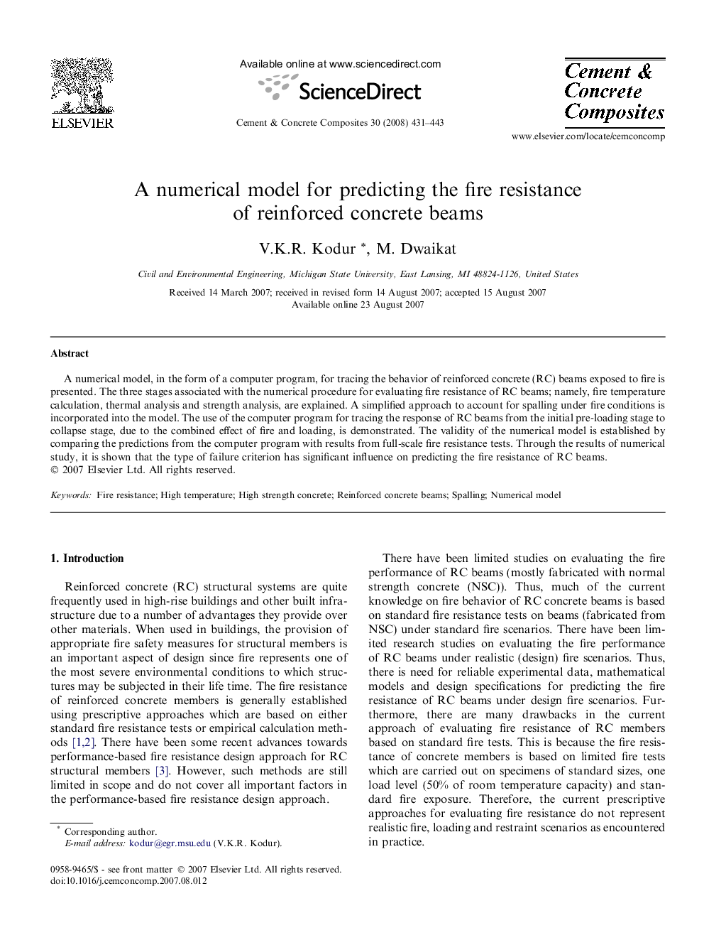 A numerical model for predicting the fire resistance of reinforced concrete beams