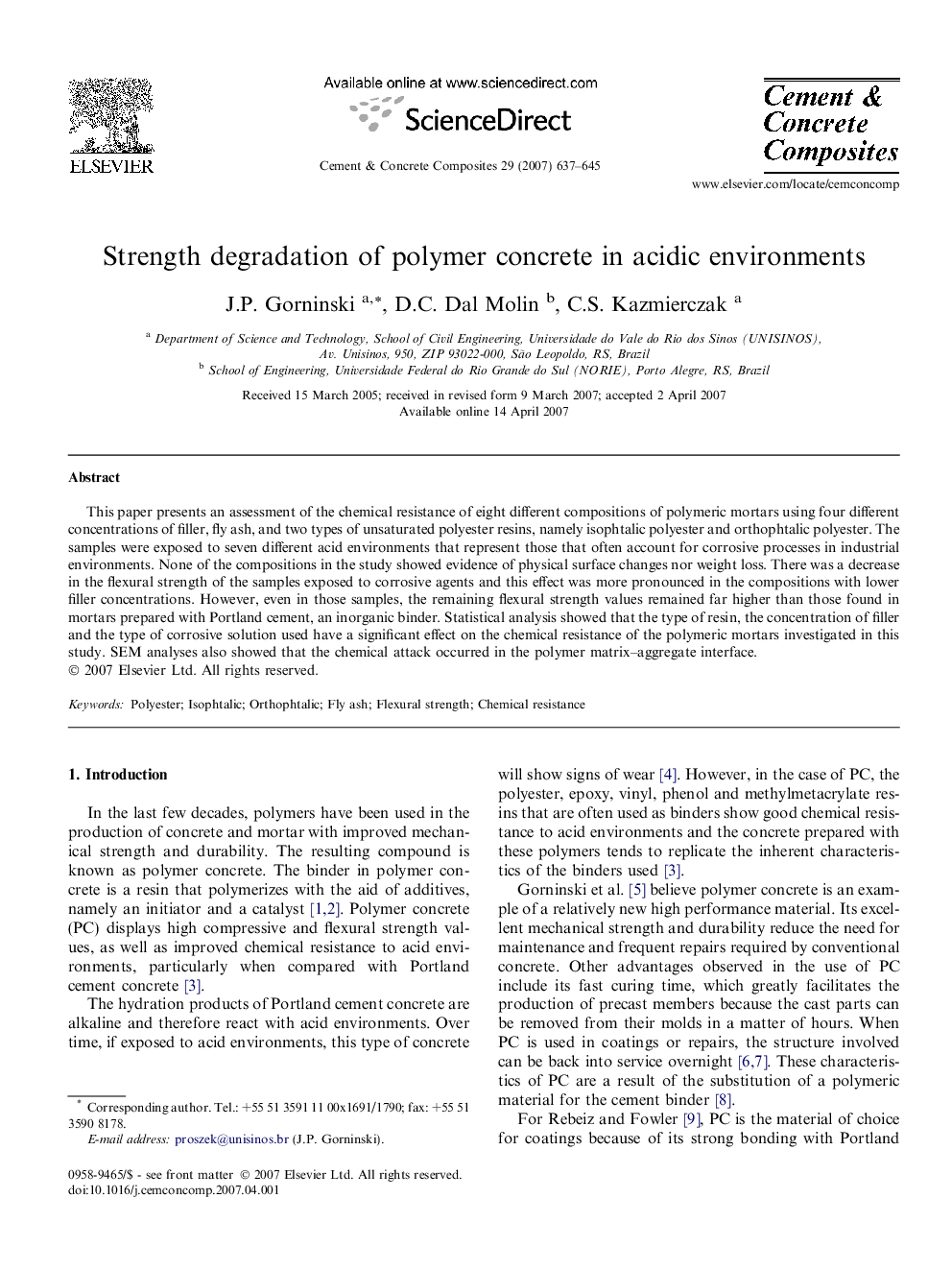 Strength degradation of polymer concrete in acidic environments