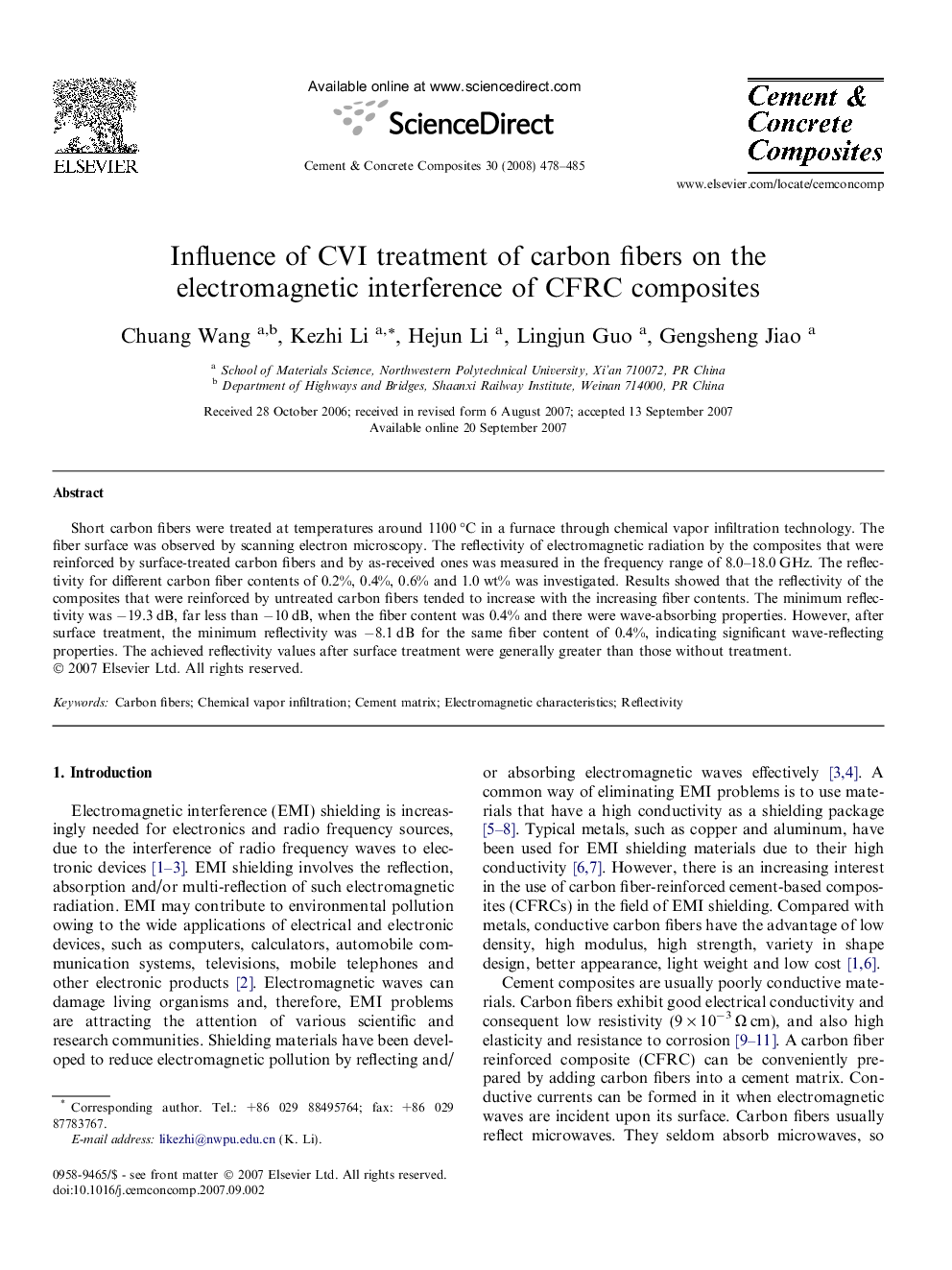 Influence of CVI treatment of carbon fibers on the electromagnetic interference of CFRC composites