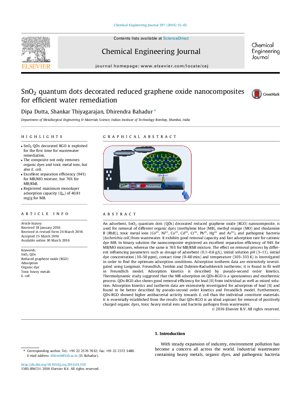 SnO2 quantum dots decorated reduced graphene oxide nanocomposites for efficient water remediation