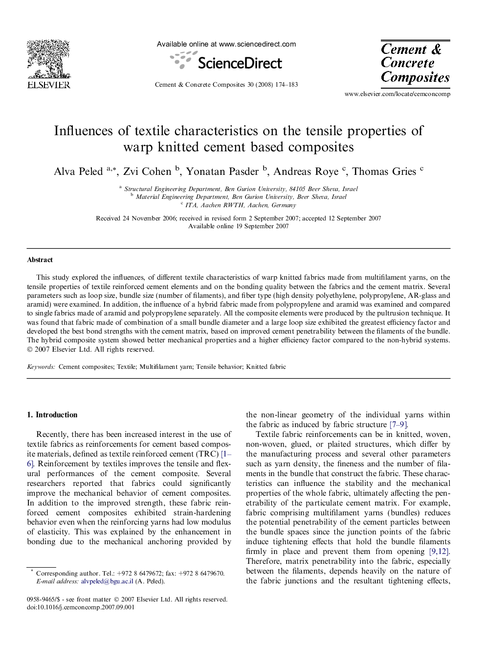 Influences of textile characteristics on the tensile properties of warp knitted cement based composites