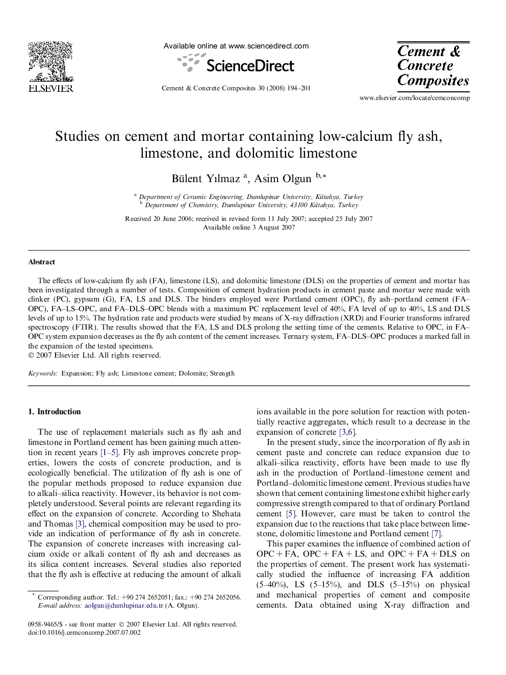 Studies on cement and mortar containing low-calcium fly ash, limestone, and dolomitic limestone