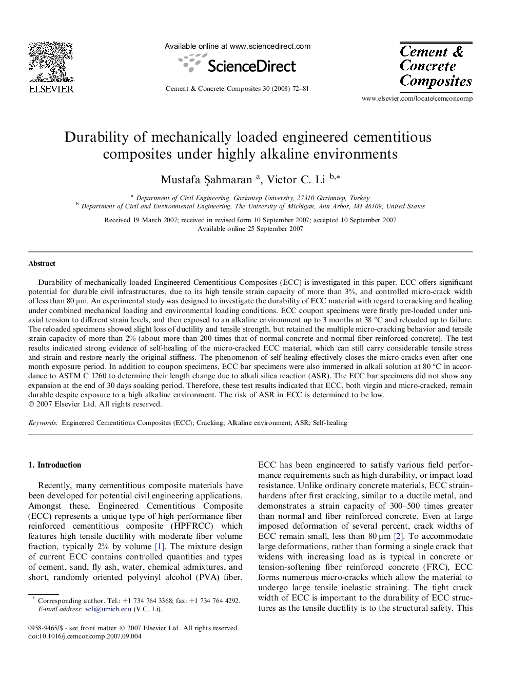 Durability of mechanically loaded engineered cementitious composites under highly alkaline environments