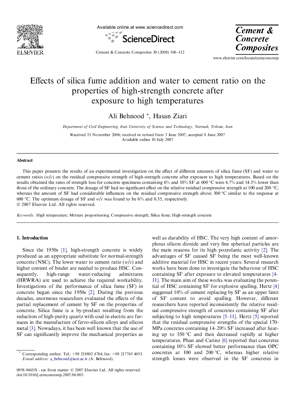 Effects of silica fume addition and water to cement ratio on the properties of high-strength concrete after exposure to high temperatures