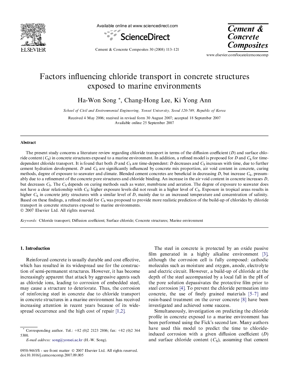 Factors influencing chloride transport in concrete structures exposed to marine environments