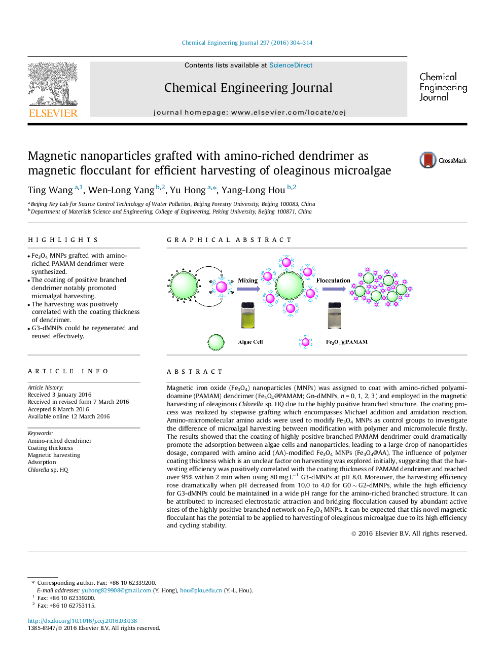 Magnetic nanoparticles grafted with amino-riched dendrimer as magnetic flocculant for efficient harvesting of oleaginous microalgae