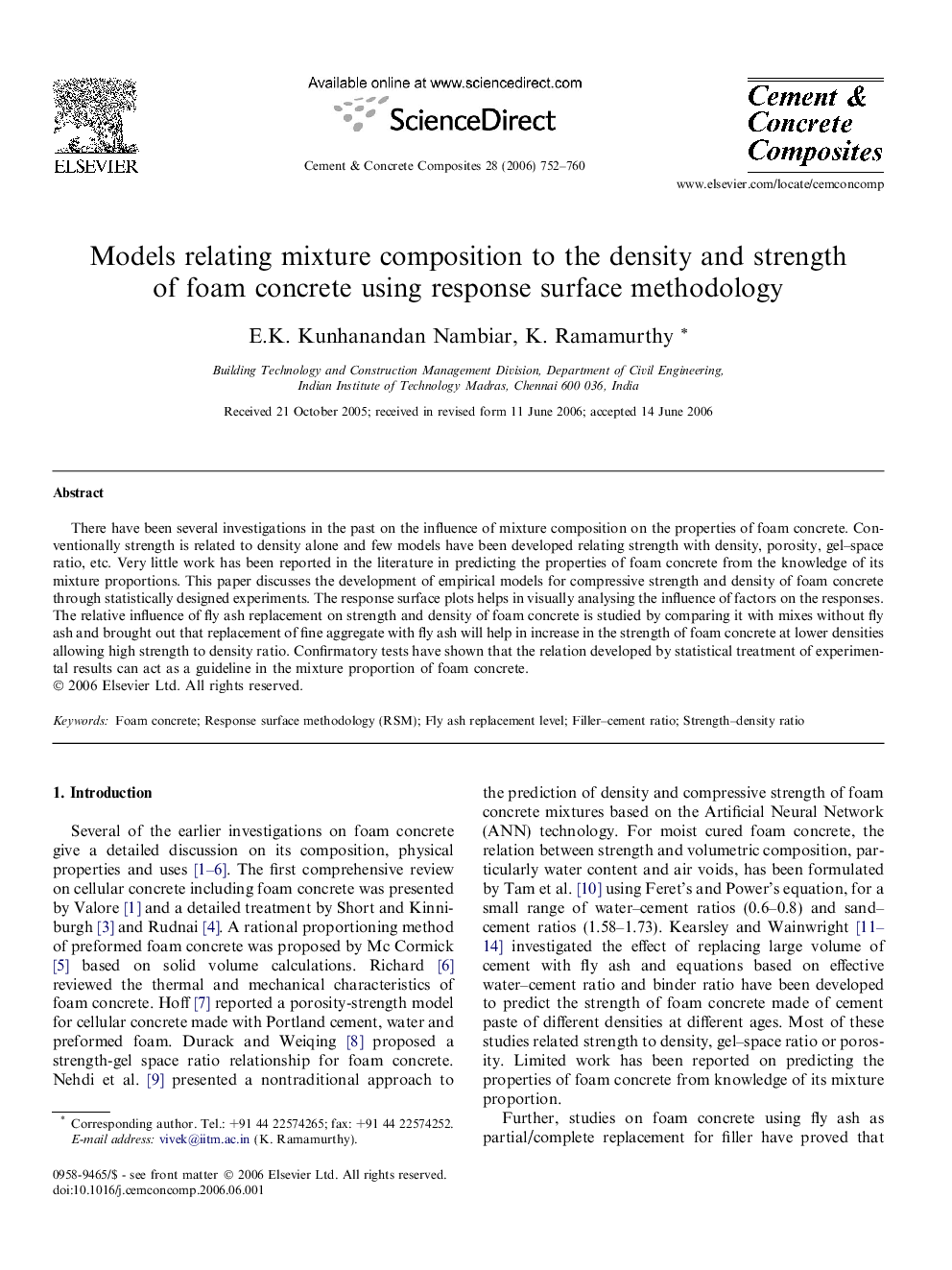 Models relating mixture composition to the density and strength of foam concrete using response surface methodology