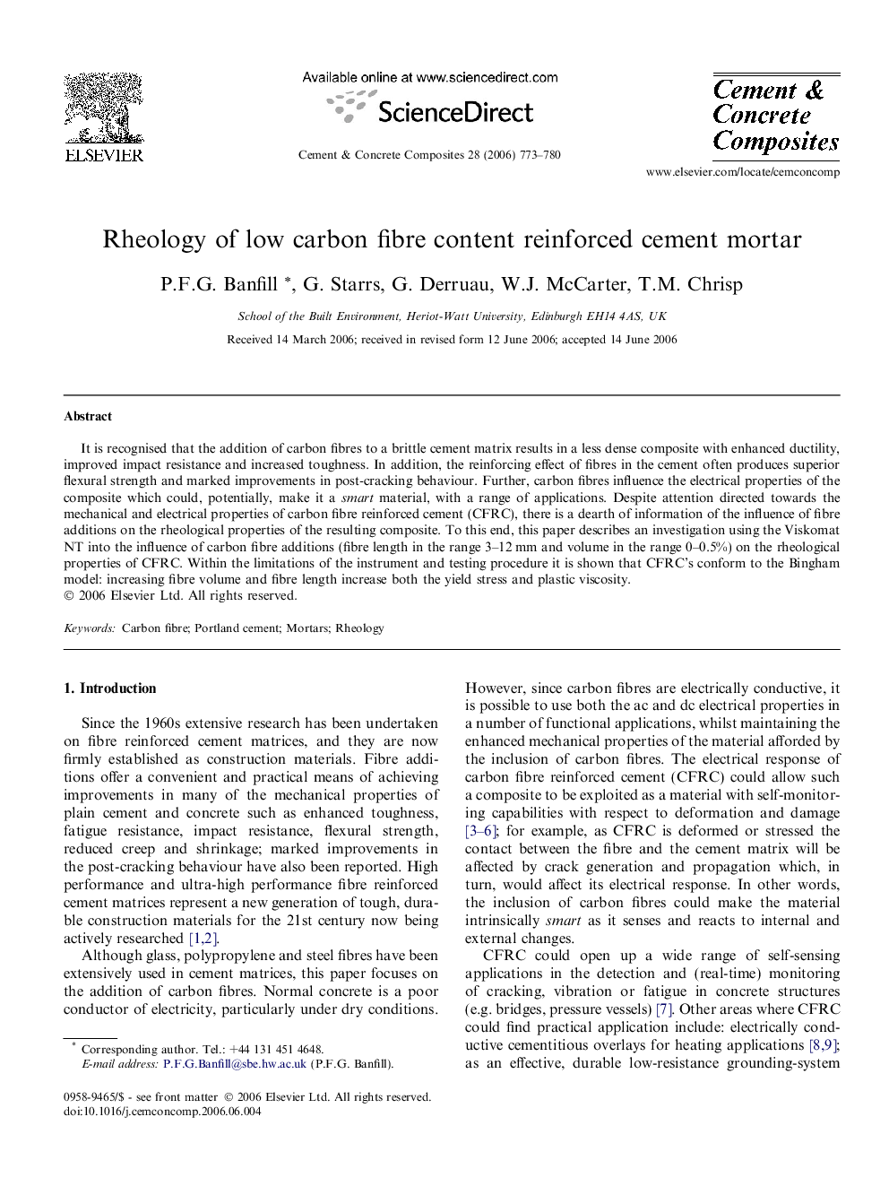 Rheology of low carbon fibre content reinforced cement mortar