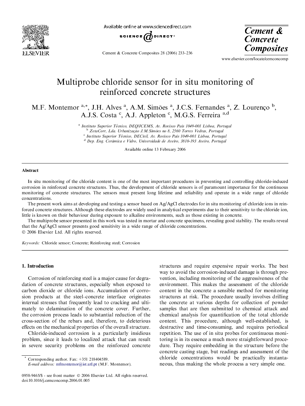 Multiprobe chloride sensor for in situ monitoring of reinforced concrete structures