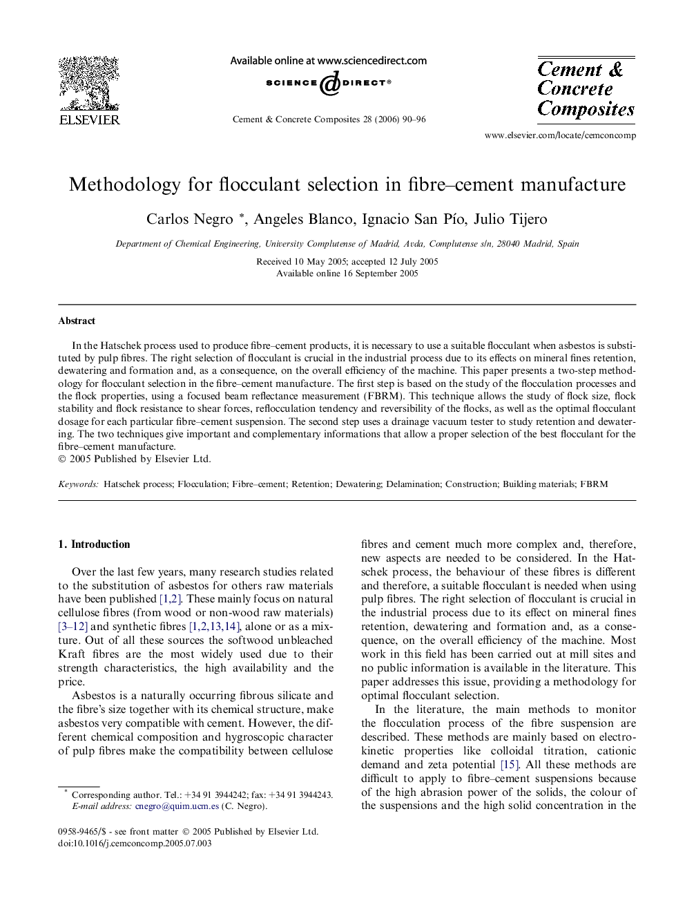 عکس صفحه اول مقاله: Methodology for flocculant selection in fibre–cement manufacture Methodology for flocculant selection in fibre–cement manufacture
