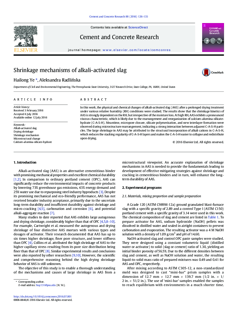 Shrinkage mechanisms of alkali-activated slag