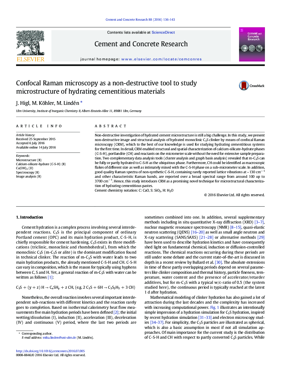 Confocal Raman microscopy as a non-destructive tool to study microstructure of hydrating cementitious materials