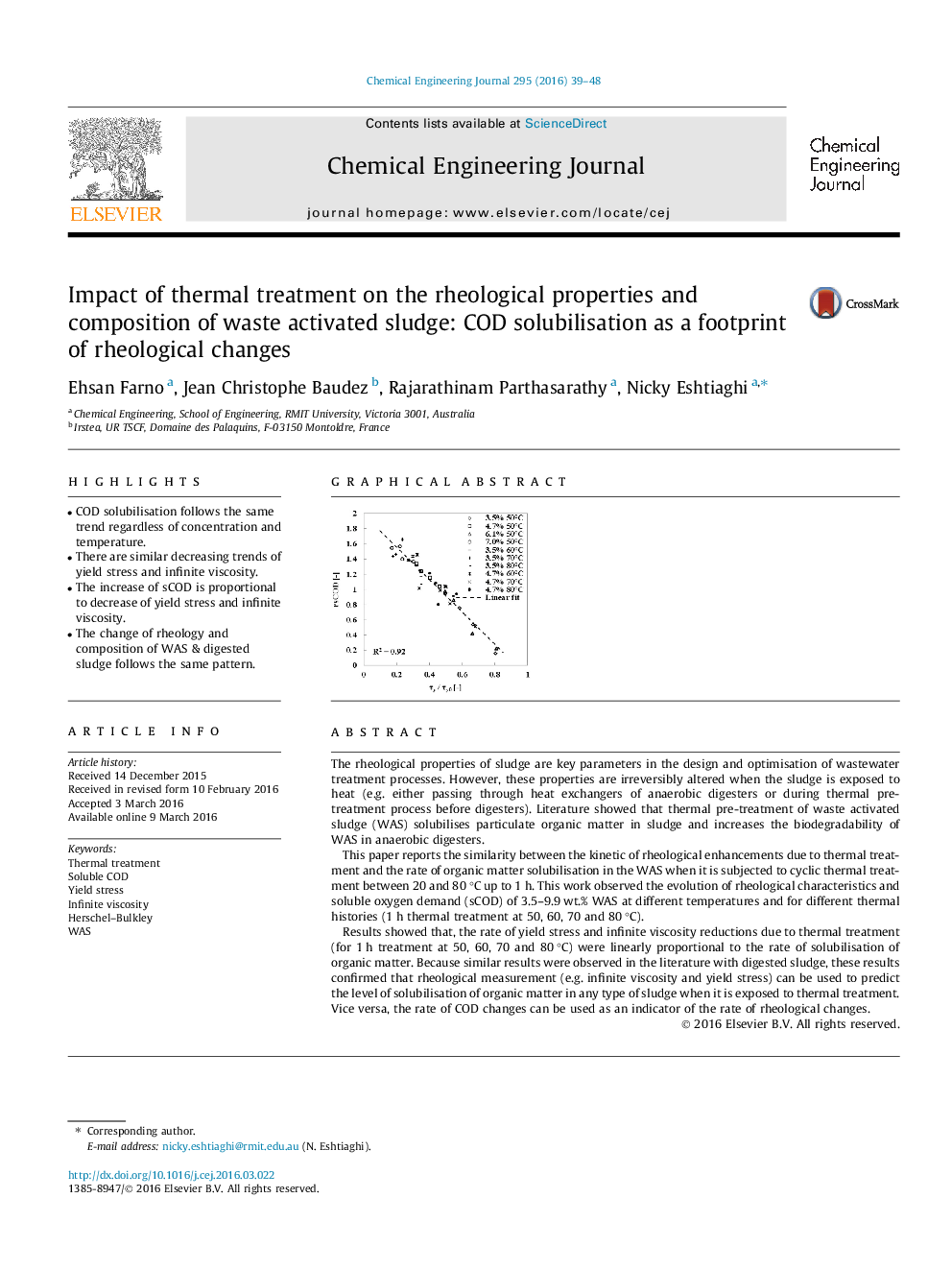 Impact of thermal treatment on the rheological properties and composition of waste activated sludge: COD solubilisation as a footprint of rheological changes