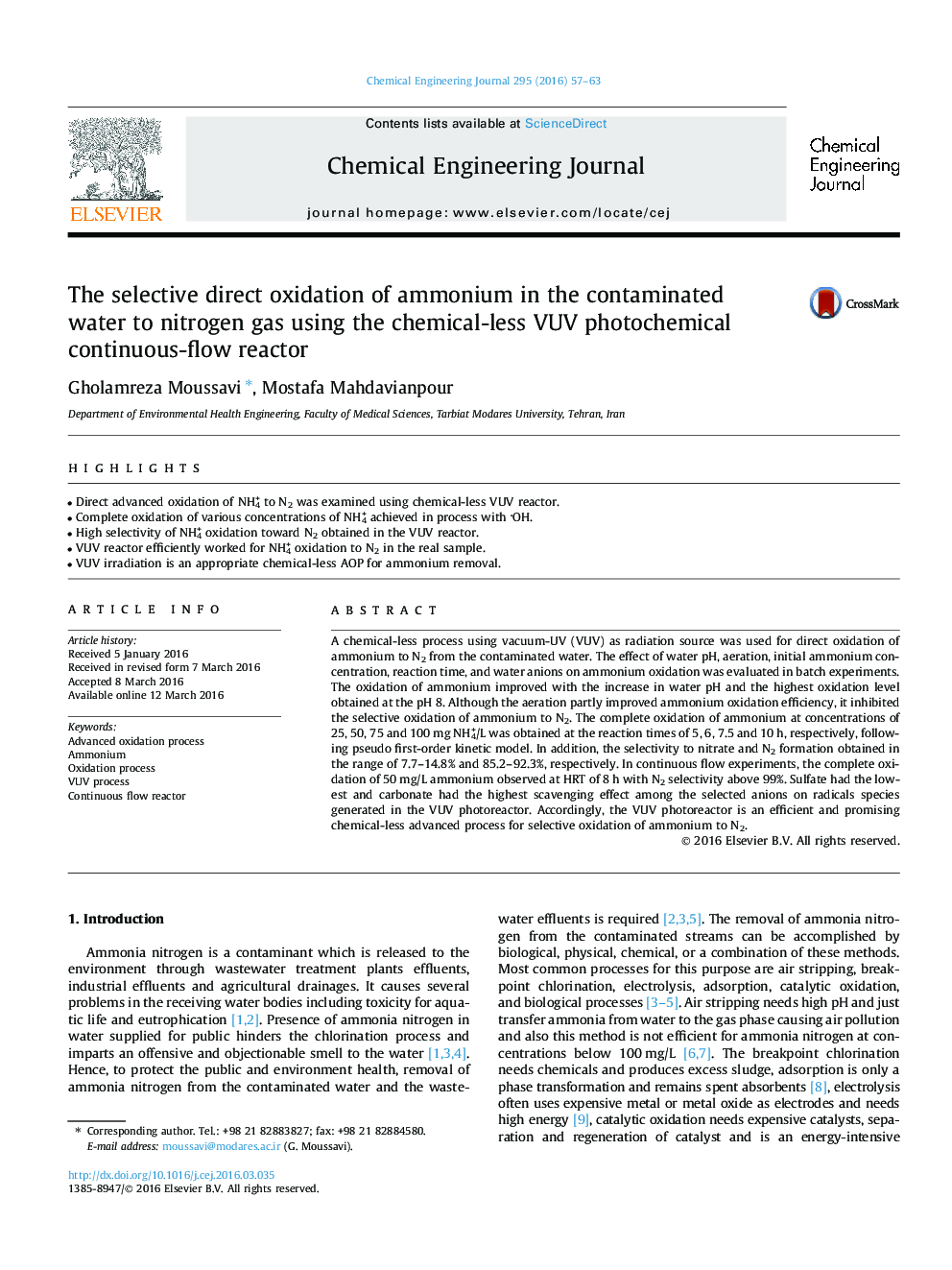 The selective direct oxidation of ammonium in the contaminated water to nitrogen gas using the chemical-less VUV photochemical continuous-flow reactor