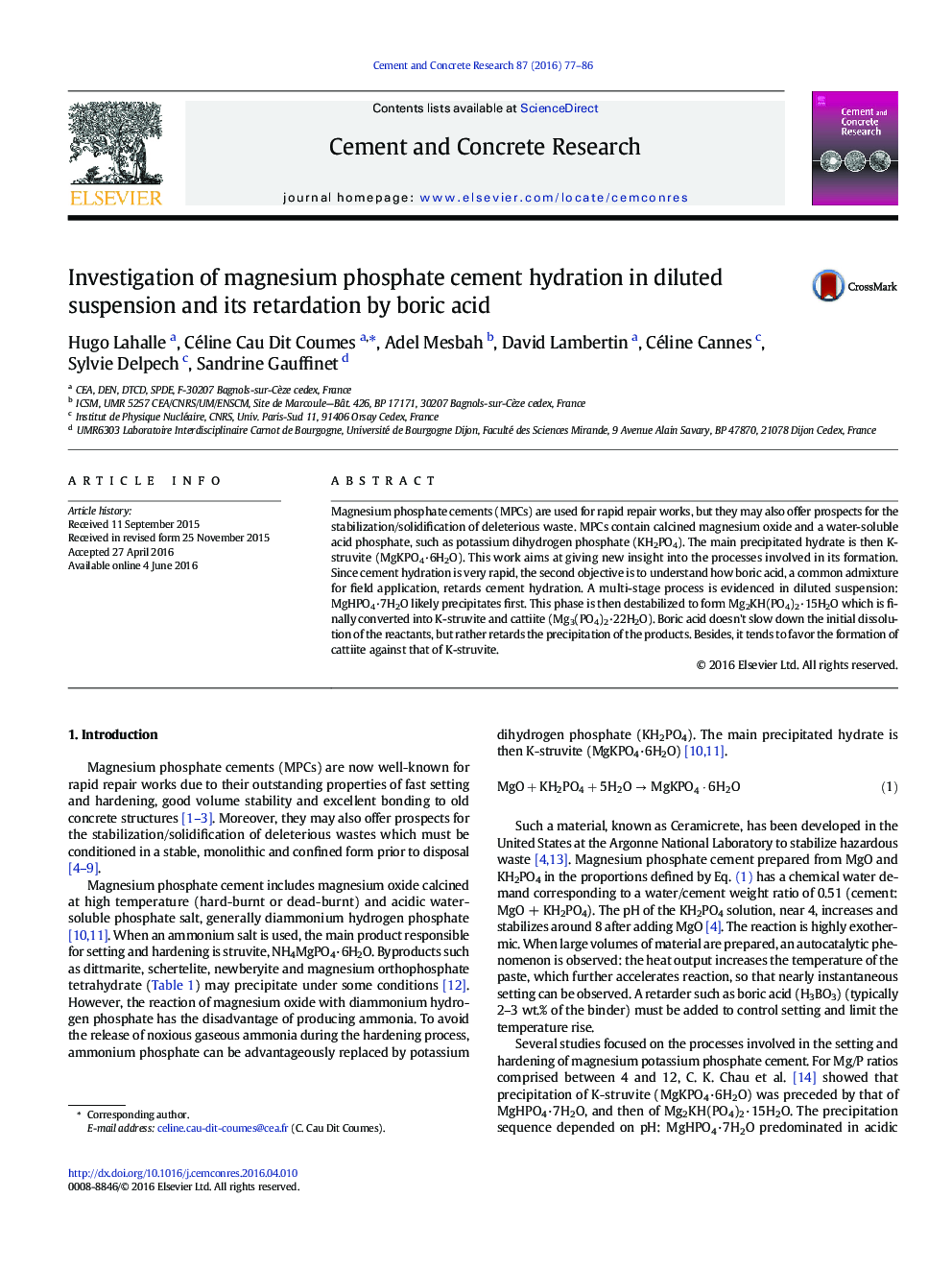 Investigation of magnesium phosphate cement hydration in diluted suspension and its retardation by boric acid