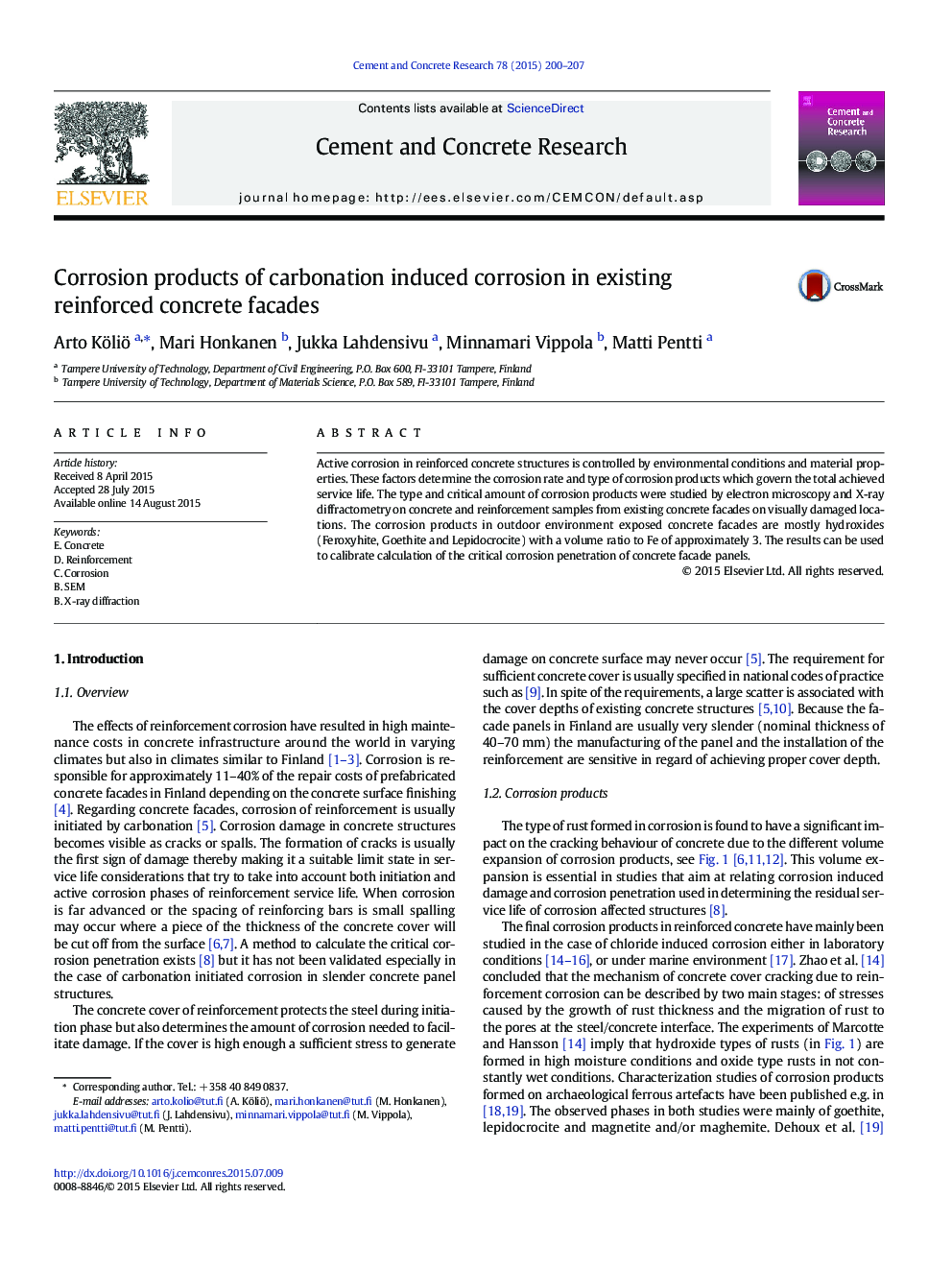 Corrosion products of carbonation induced corrosion in existing reinforced concrete facades