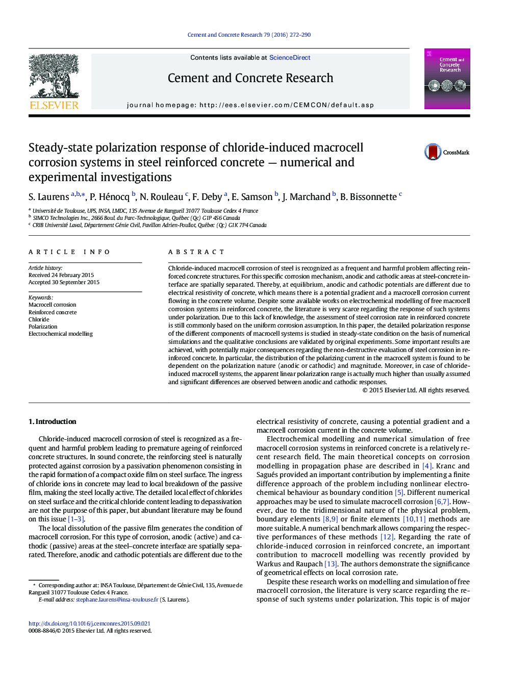 Steady-state polarization response of chloride-induced macrocell corrosion systems in steel reinforced concrete — numerical and experimental investigations