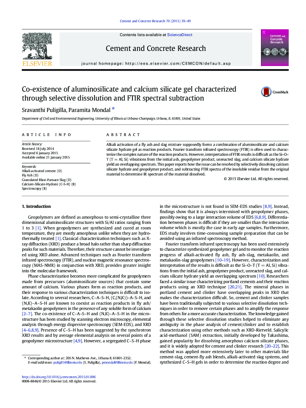 Co-existence of aluminosilicate and calcium silicate gel characterized through selective dissolution and FTIR spectral subtraction