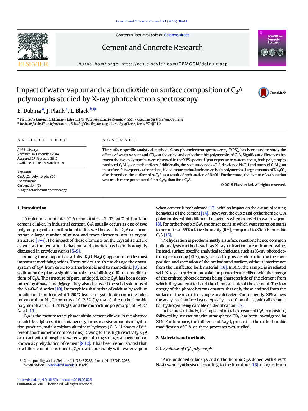 Impact of water vapour and carbon dioxide on surface composition of C3A polymorphs studied by X-ray photoelectron spectroscopy