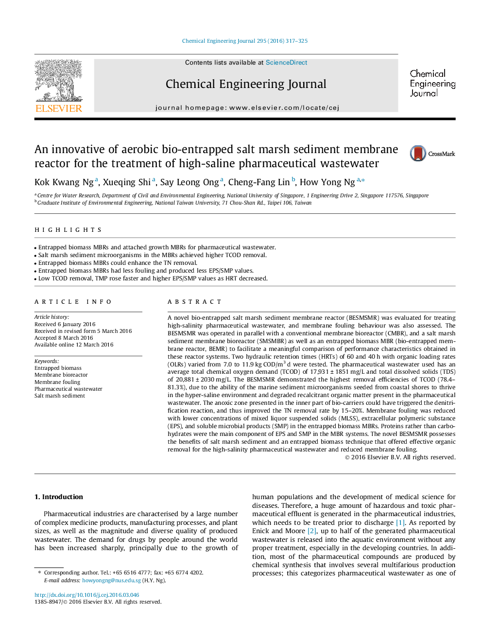 An innovative of aerobic bio-entrapped salt marsh sediment membrane reactor for the treatment of high-saline pharmaceutical wastewater