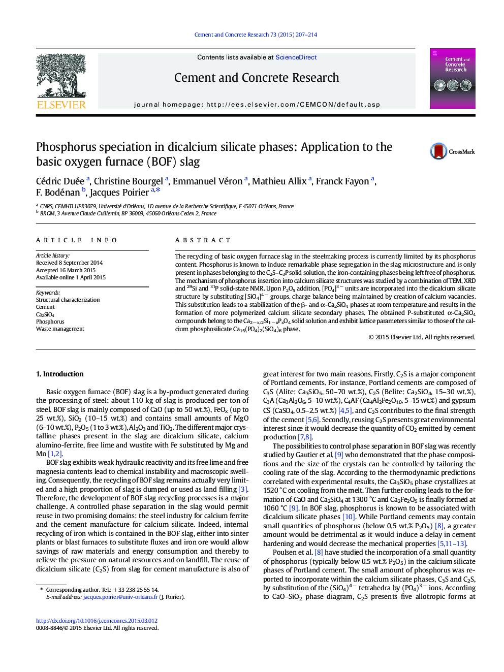 Phosphorus speciation in dicalcium silicate phases: Application to the basic oxygen furnace (BOF) slag