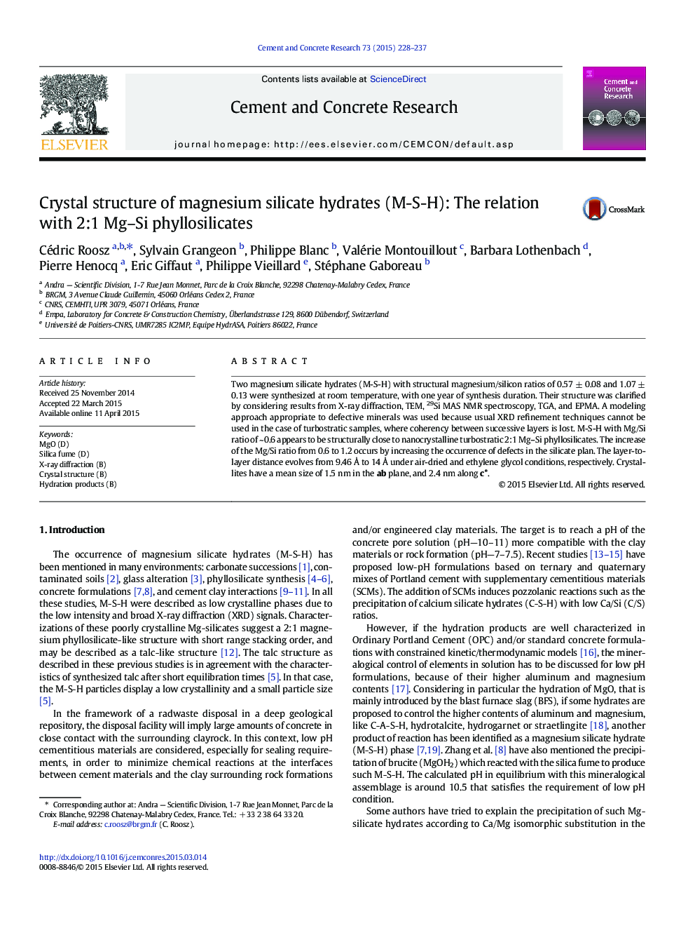 Crystal structure of magnesium silicate hydrates (M-S-H): The relation with 2:1 Mg–Si phyllosilicates