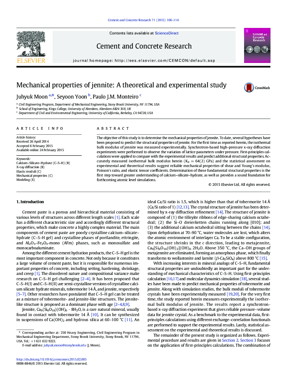 Mechanical properties of jennite: A theoretical and experimental study