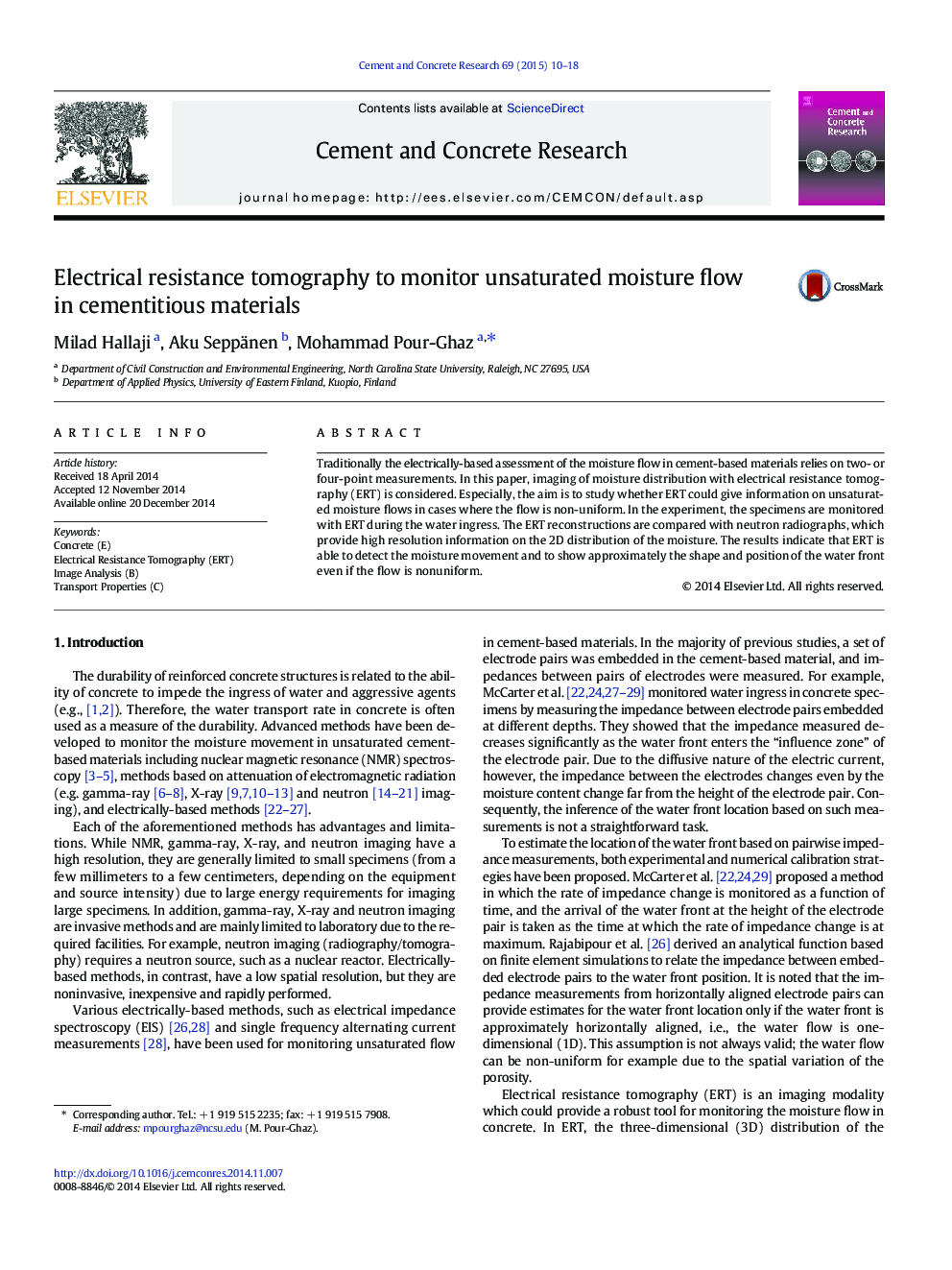 Electrical resistance tomography to monitor unsaturated moisture flow in cementitious materials