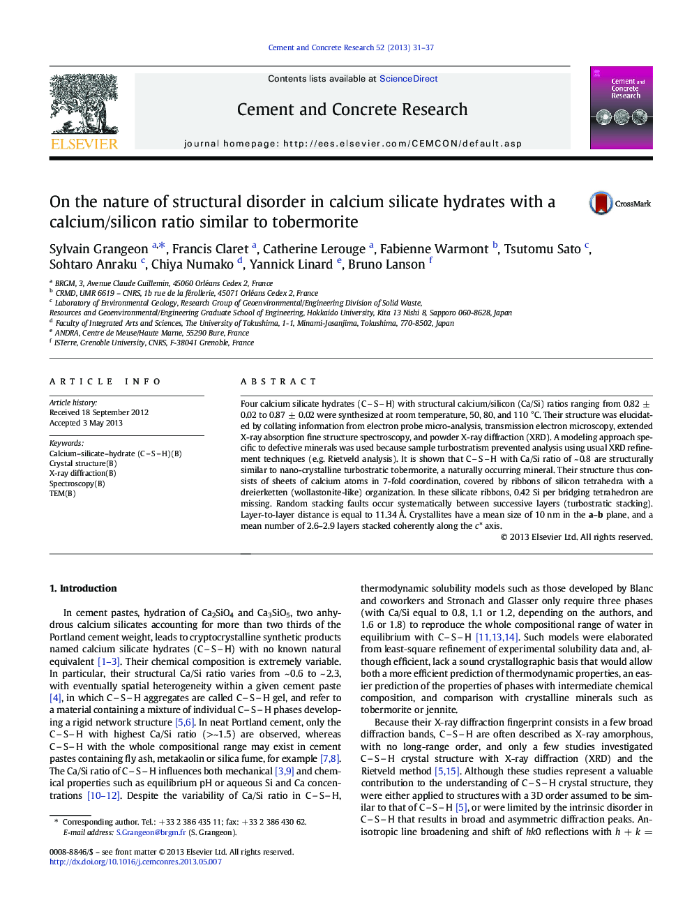 On the nature of structural disorder in calcium silicate hydrates with a calcium/silicon ratio similar to tobermorite