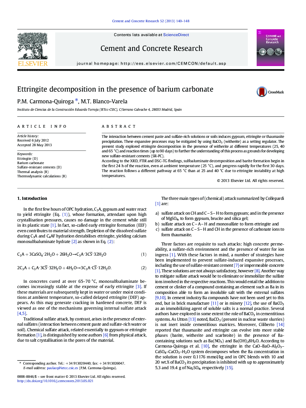 عکس صفحه اول مقاله: Ettringite decomposition in the presence of barium carbonate Ettringite decomposition in the presence of barium carbonate