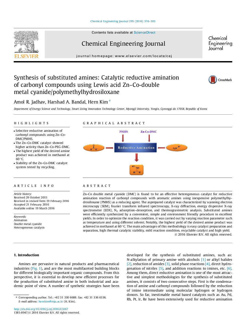 Synthesis of substituted amines: Catalytic reductive amination of carbonyl compounds using Lewis acid Zn–Co-double metal cyanide/polymethylhydrosiloxane