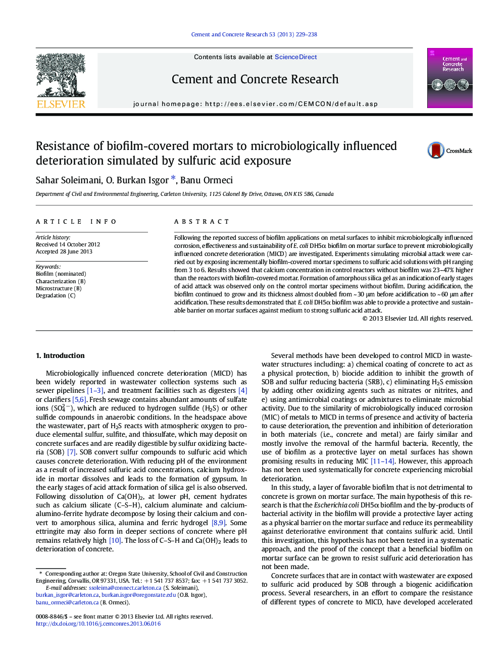 Resistance of biofilm-covered mortars to microbiologically influenced deterioration simulated by sulfuric acid exposure