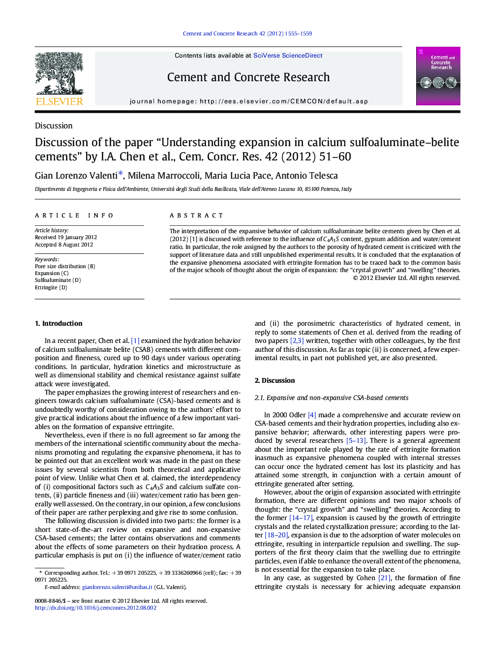 Discussion of the paper “Understanding expansion in calcium sulfoaluminate–belite cements” by I.A. Chen et al., Cem. Concr. Res. 42 (2012) 51–60