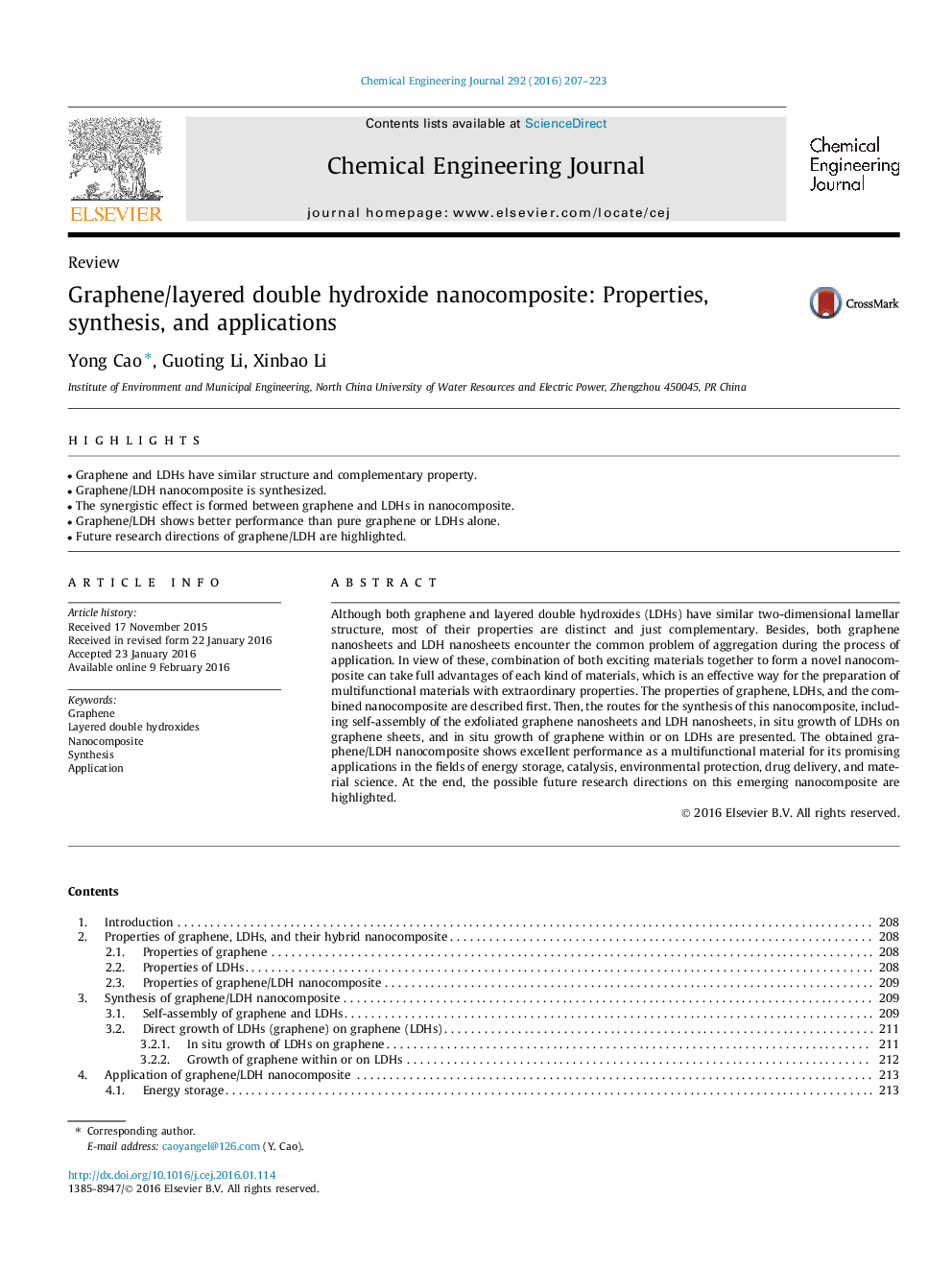 Graphene/layered double hydroxide nanocomposite: Properties, synthesis, and applications