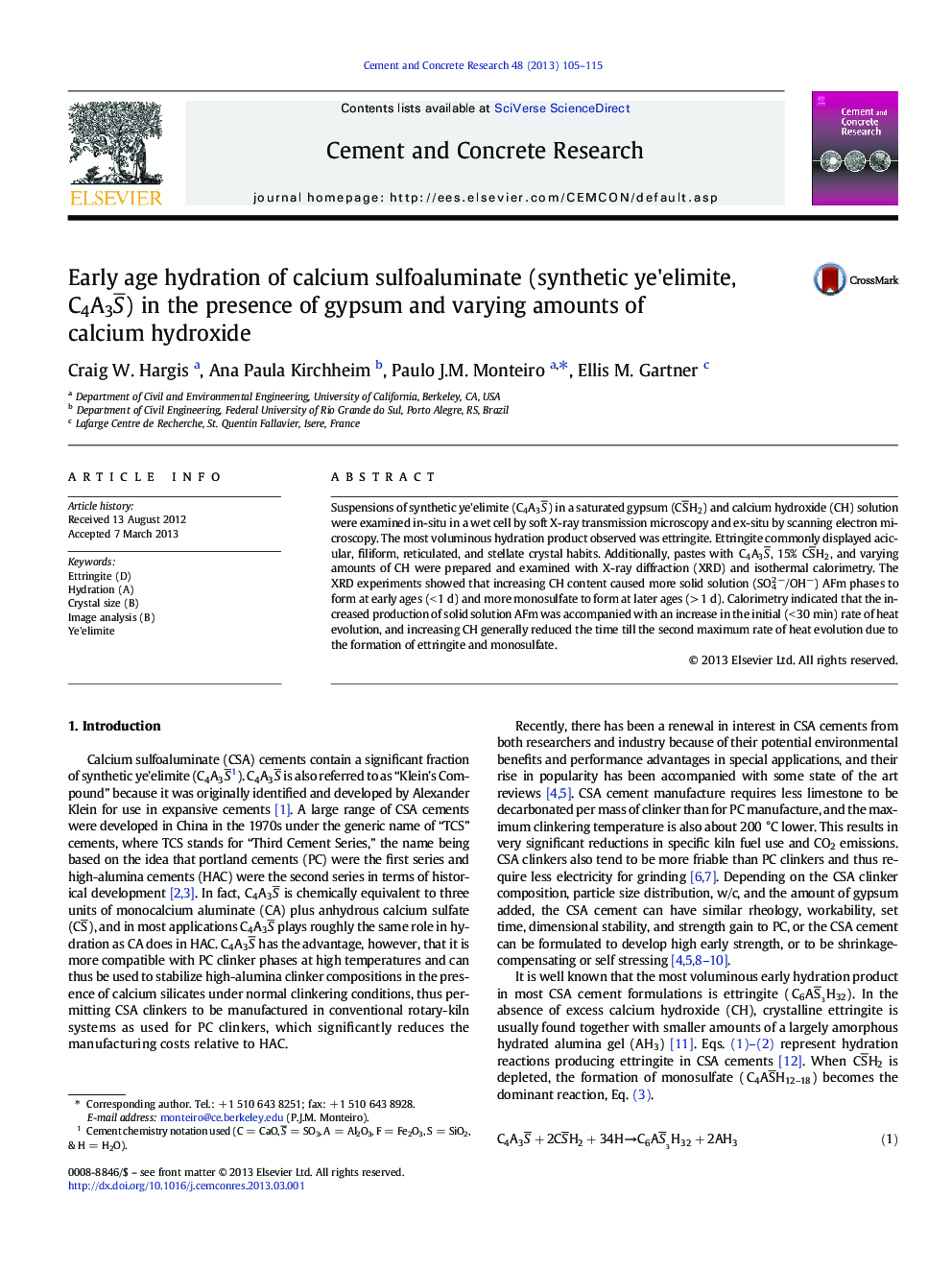 Early age hydration of calcium sulfoaluminate (synthetic ye'elimite, C4A3S¯) in the presence of gypsum and varying amounts of calcium hydroxide